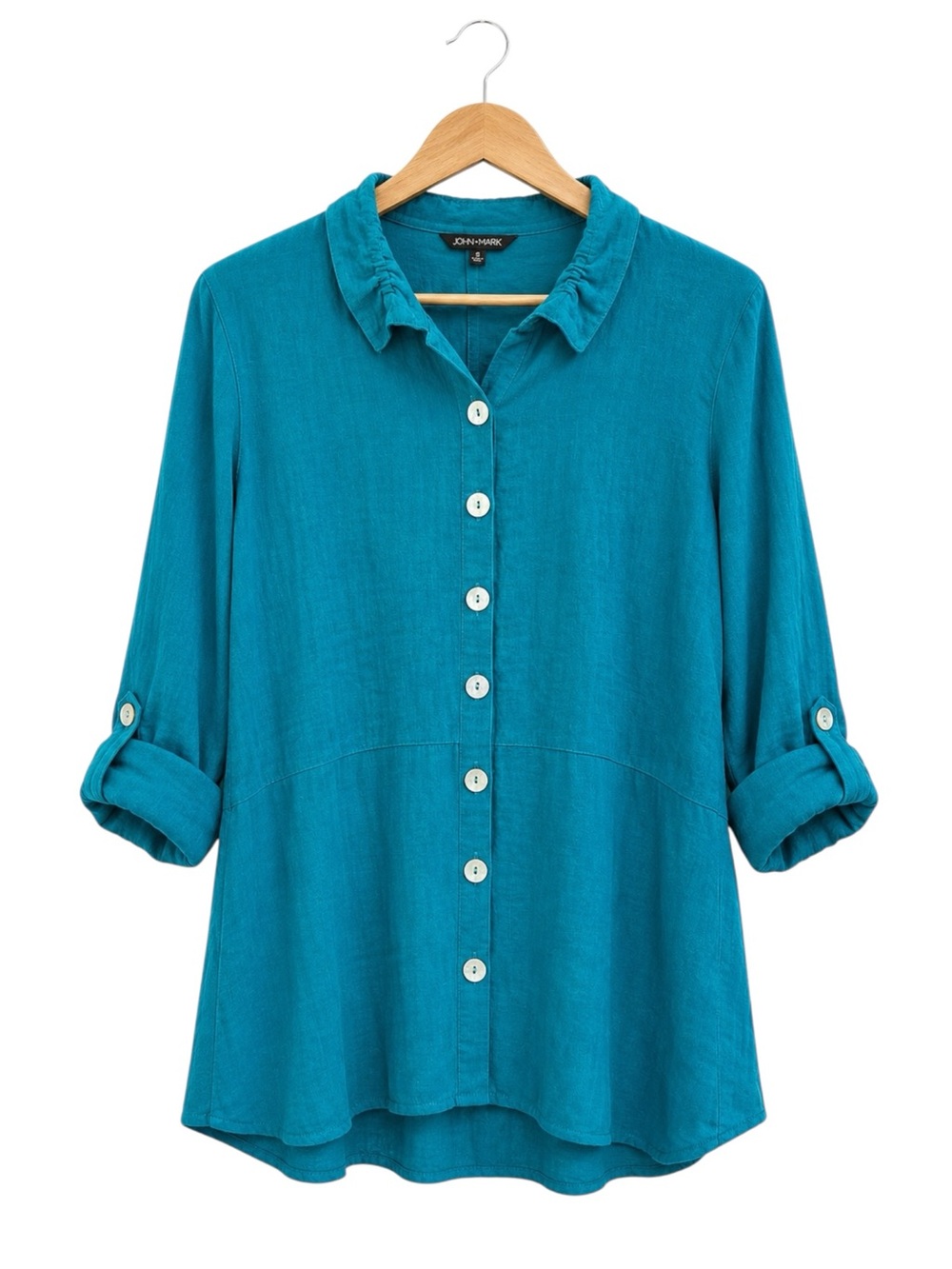 John Mark Lagenlook Flowy Tunic Blouse Teal Blue Button Front Small